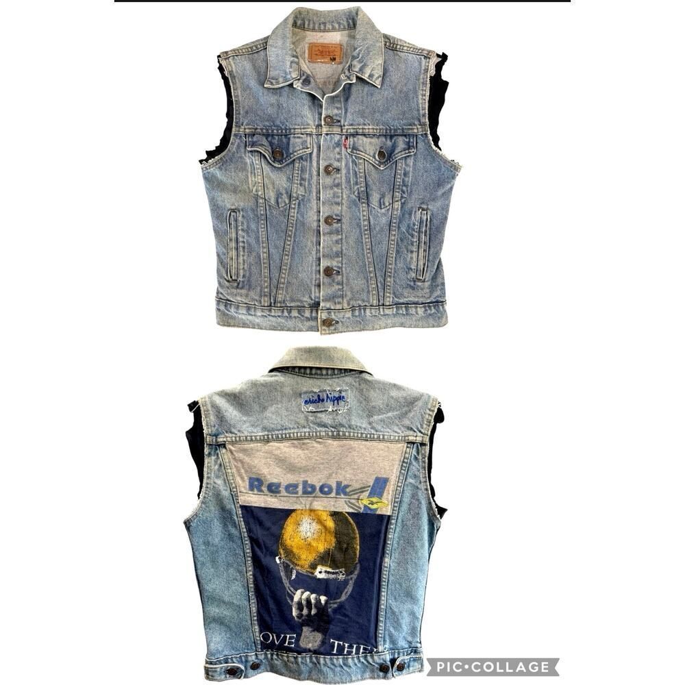 Vtg 1994 Levis Denim Vest USA Upcycled Notre Dame Irish Patchwork 1-of-1 Women M